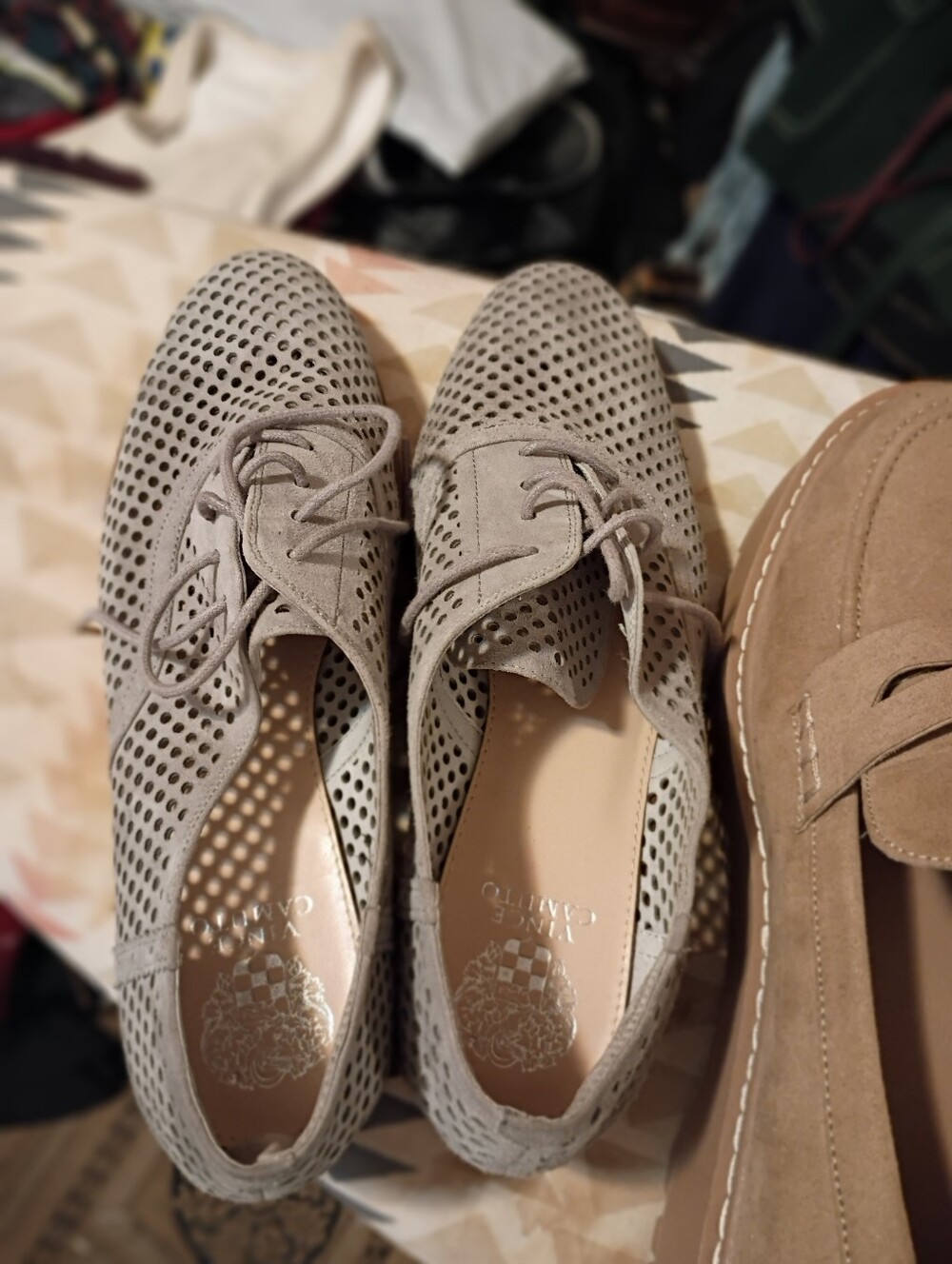 Vince Camuto Perforated Lace-Up Flats in Light Gray